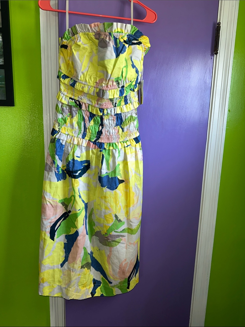 Strapless Smocked Midi Dress in Yellow Multi